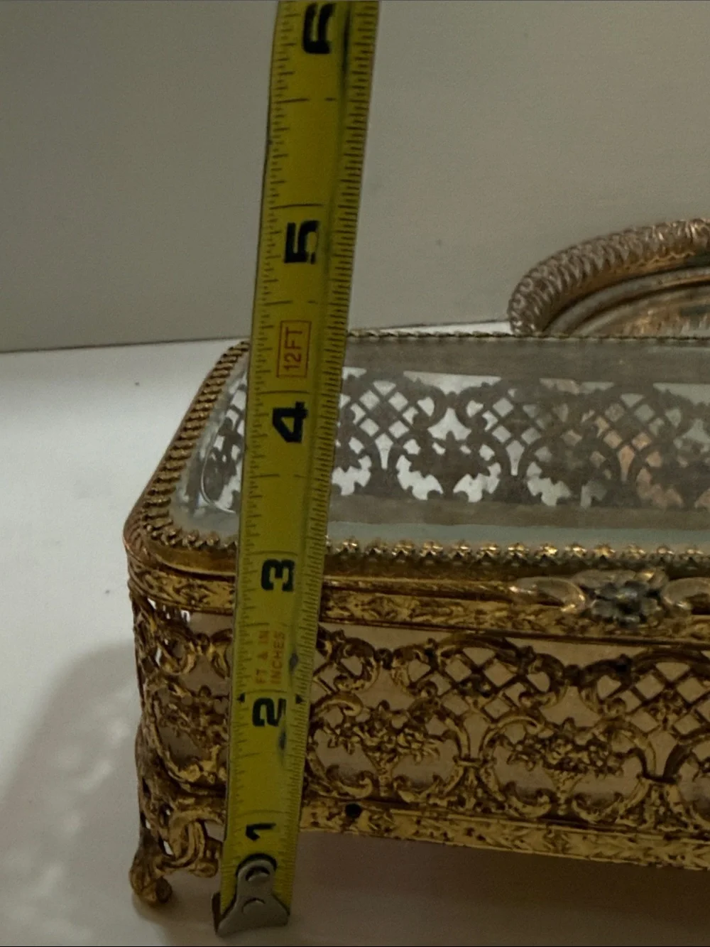Vintage Ormolu Ornate Gold Brass Glass Jewelry Trinket Box & Round Mirrored Tray